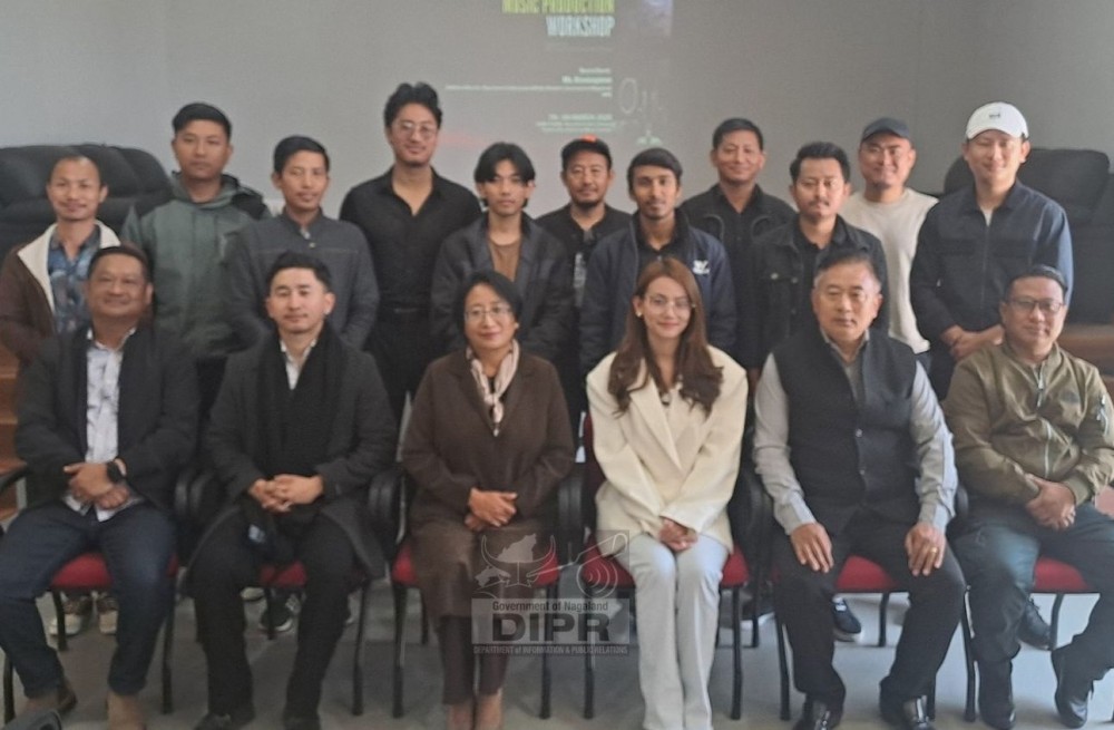 Additional Director IPR Kevizayieno, Officials of TaFMA, Participants during the first foundational music production workshop held at Kohima on March 7. (DIPR Photo)